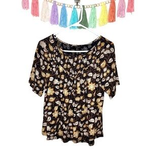 Lucky Brand Black and Mustard Boho Floral Leaf Short Sleeve Blouse Size Medium